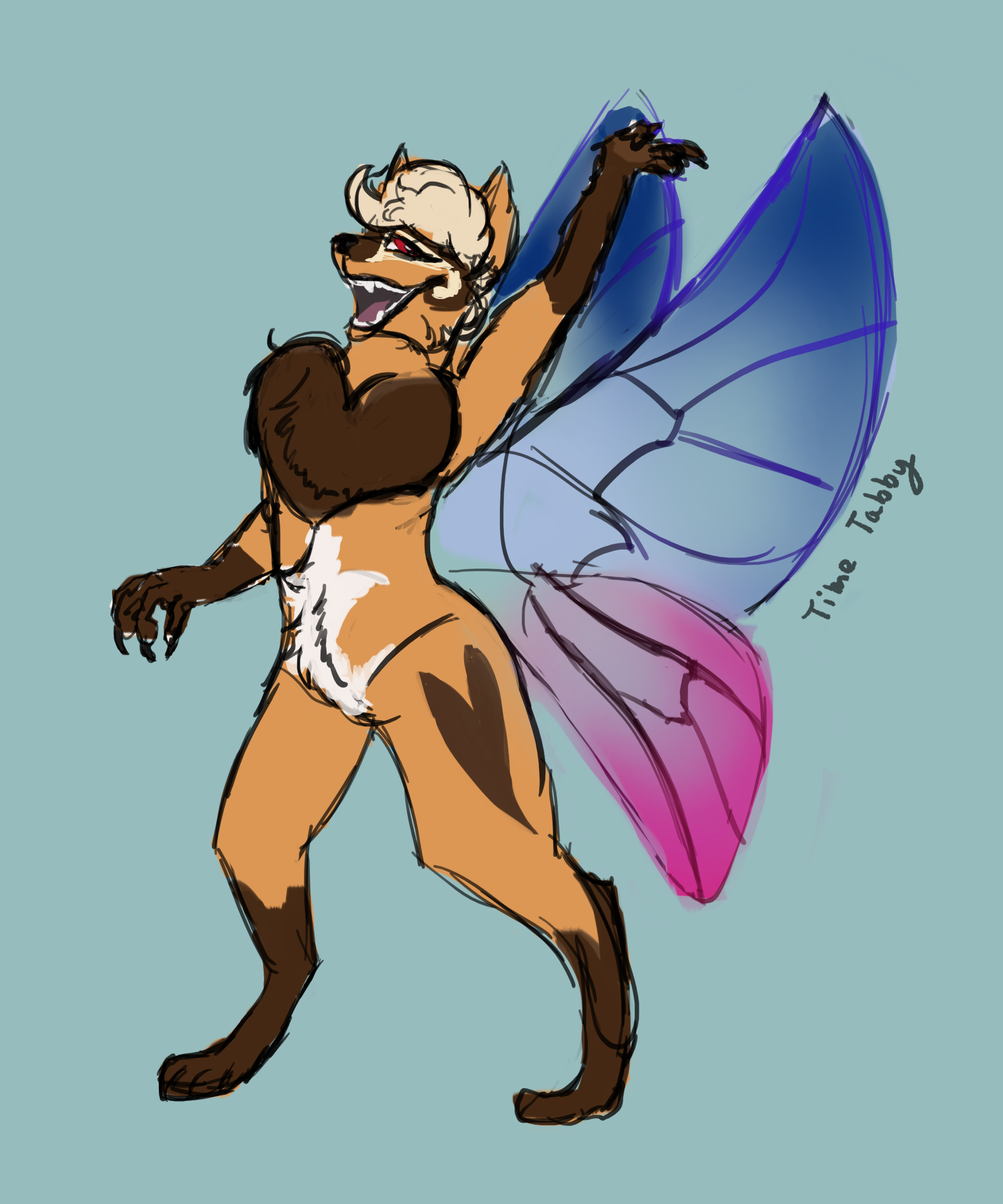 Marnie, a primarily orange anthro fox with brown and white markings, and blue and pink butterfly wings. Their main body colors are meant to resemble chocolate covered marmalade.
